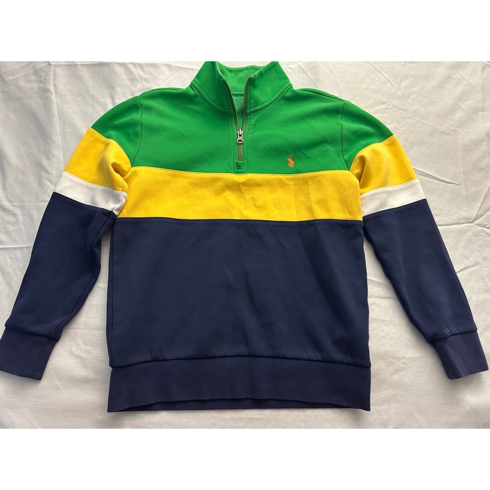 Polo Ralph Lauren Kids M 10-12 Colorblock Quarter Zip Sweatshirt Green Navy Blue - Picture 1 of 8